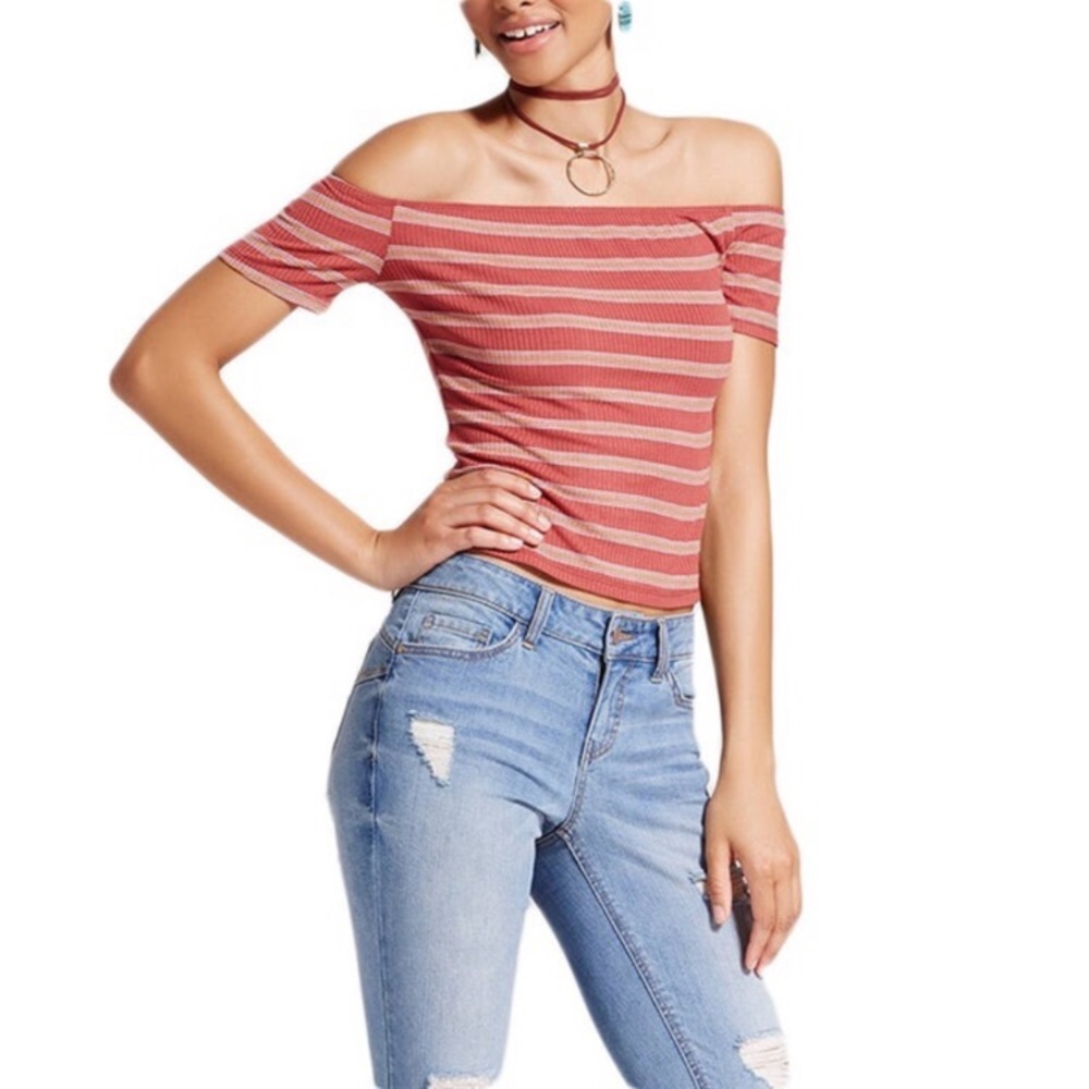 Orange striped off the shoulder crop top